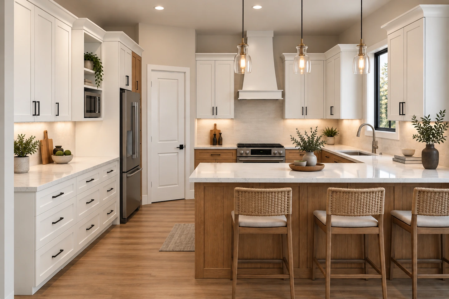 Kitchen with white perimeter cabinetry and white-oak island